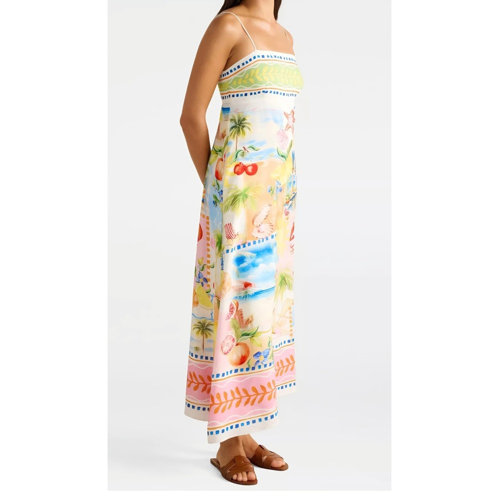 C&C California Women XL Linen Blend Tropical Beach Print Smocked Maxi Dress NWT